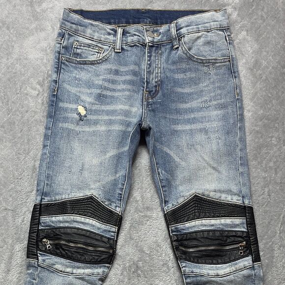 MNML Men’s Moto Biker Distressed Leather Knee Skinny Jeans Size 29x33 - Picture 7 of 15